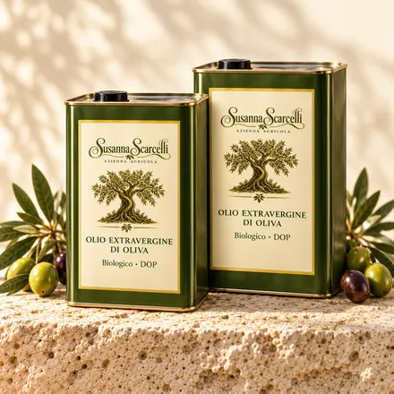 Lattine di olio Susanna Scarcelli su una pietra, tra i rami di olivo