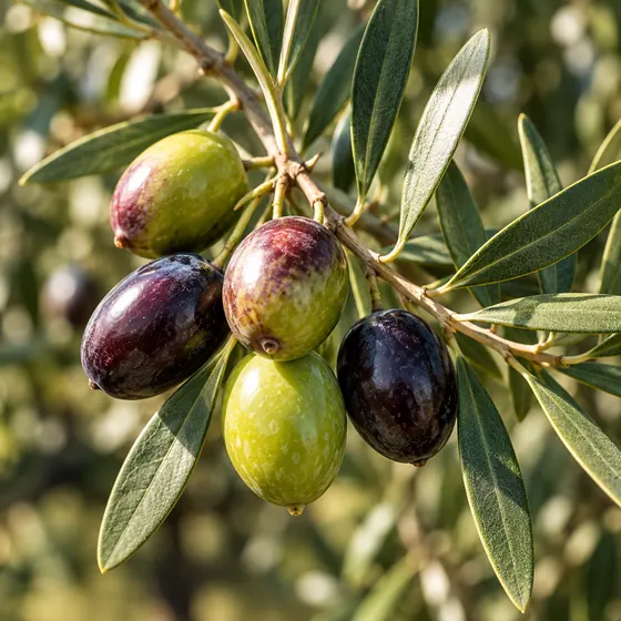 Olive verdi e violacee su un ramo di olivo
